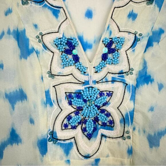 Jenny Han Yellow Blue Silk Beaded Boho Tunic Womens S Beachy Sheer Long Sleeve - Picture 4 of 11